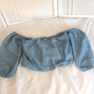FREE PEOPLE Women's Chambray Off Shoulder Ruched Cropped Gathered Sleeves XS
